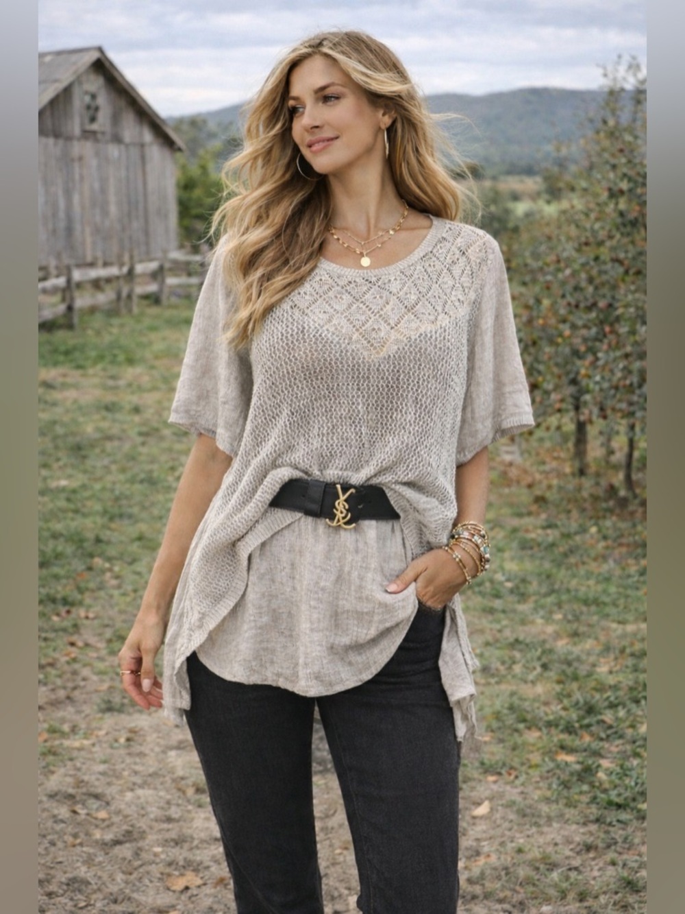 Dillian, Boho Layered Knit Tunic Gauze Dress Neutral Crochet Resort,EUC, Size M
